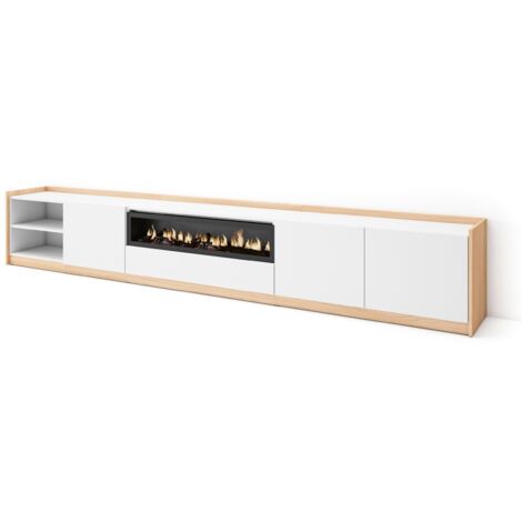 Skraut Home - Mueble TV, Televisión, 310x37x50cm, Para TV hasta 80", Chimenea eléctrica, Blanco y roble soft (1/5)