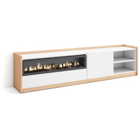Skraut Home - Mueble TV, Televisión, 207x37x50cm, Para TV hasta 80", Chimenea eléctrica, Blanco y roble soft (1/5)