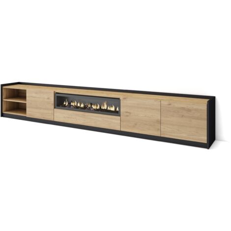 Skraut Home - Mueble TV, Televisión, 310x37x50cm, Para TV hasta 80", Chimenea eléctrica, Roble y negro (1/5)