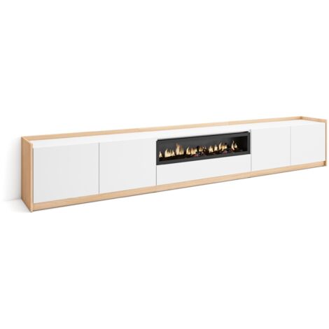 Skraut Home - Mueble TV, Televisión, 310x37x50cm, Para TV hasta 80", Chimenea eléctrica, Blanco y roble soft