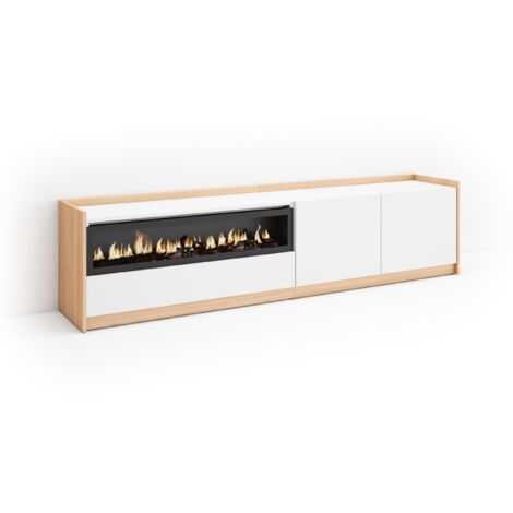 Skraut Home - Mueble TV, Televisión, 207x37x50cm, Para TV hasta 80", Chimenea eléctrica, Blanco y roble soft (1/5)
