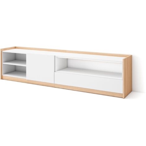 Skraut Home - Mueble TV, Televisión, 207x37x50cm, Para TV hasta 80", Blanco y roble soft (1/5)