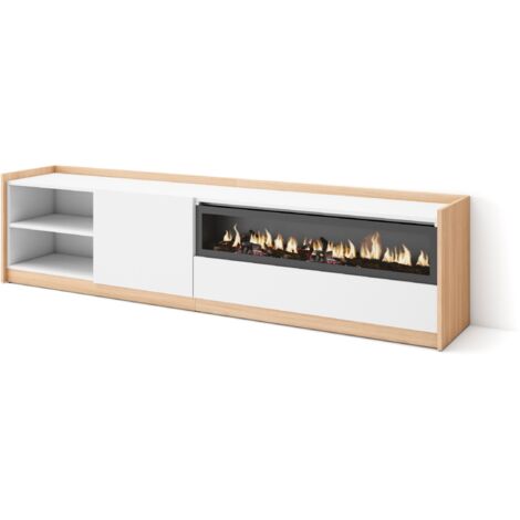 Skraut Home - Mueble TV, Televisión, 207x37x50cm, Para TV hasta 80", Chimenea eléctrica, Blanco y roble soft (1/5)