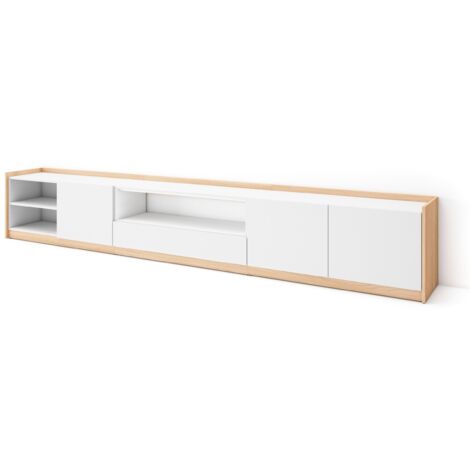 Skraut Home - Mueble TV, Televisión, 310x37x50cm, Para TV hasta 80", Blanco y roble soft (1/5)
