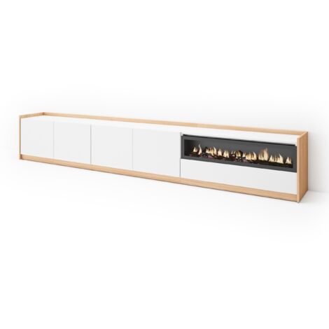 Skraut Home - Mueble TV, Televisión, 310x37x50cm, Para TV hasta 80", Chimenea eléctrica, Blanco y roble soft (1/5)