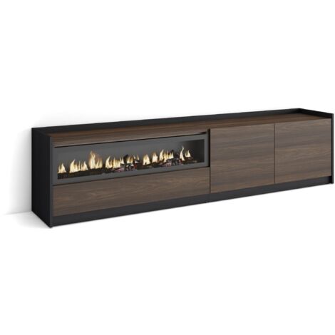 Skraut Home - Mueble TV, Televisión, 207x37x50cm, Para TV hasta 80", Chimenea eléctrica, Roble oscuro y Negro (1/5)