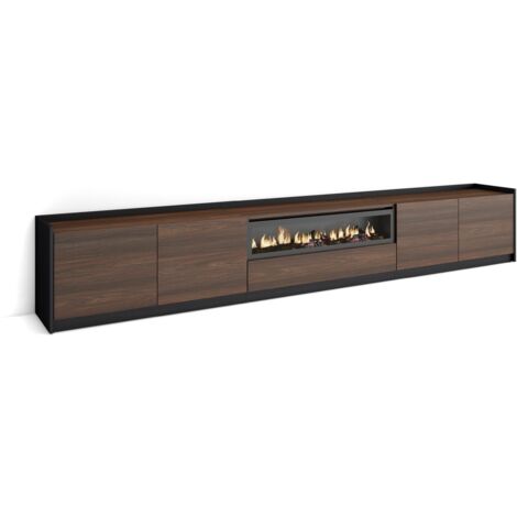 Skraut Home - Mueble TV, Televisión, 310x37x50cm, Para TV hasta 80", Chimenea eléctrica, Roble oscuro y Negro (1/5)