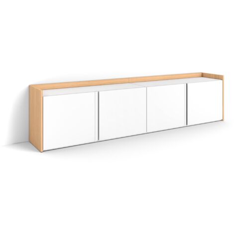 Skraut Home - Mueble TV, Televisión, Muebles de salón, almacenaje, 207x35x50cm, Para TV hasta 80", Con almacenamiento, Estilo Moderno, Blanco y roble soft (1/5)