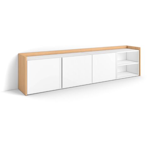 Skraut Home - Mueble TV, Televisión, Muebles de salón, almacenaje, 207x35x50cm, Para TV hasta 80", Con almacenamiento, Estilo Moderno, Blanco y roble soft (1/5)