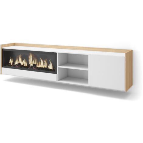 Skraut Home - Mueble TV, Televisión, Muebles de salón, almacenaje, 212x35x50cm, Para TV hasta 80", Chimenea eléctrica XXL, Colgado, Suspendido, Estilo Moderno, Blanco y roble soft