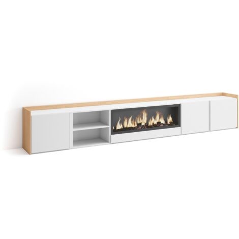 Skraut Home - Mueble TV, Televisión, Muebles de salón, almacenaje, 315x35x50cm, Para TV hasta 80", Chimenea eléctrica XXL, Estilo Moderno, Blanco y roble soft (1/5)