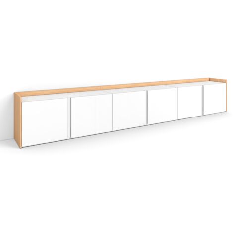 Skraut Home - Mueble TV, Televisión, Muebles de salón, almacenaje, 309x35x50cm, Para TV hasta 80", Con almacenamiento, Estilo Moderno, Blanco y roble soft (1/5)