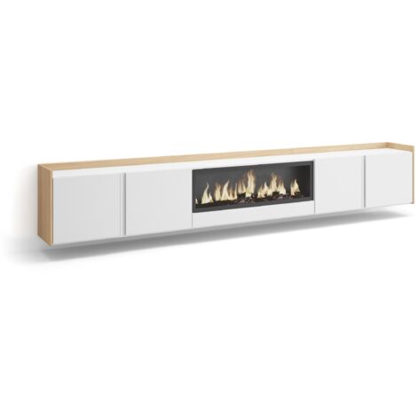 Skraut Home - Mueble TV, Televisión, Muebles de salón, almacenaje, 315x35x50cm, Para TV hasta 80", Chimenea eléctrica XXL, Colgado, Suspendido, Estilo Moderno, Blanco y roble soft