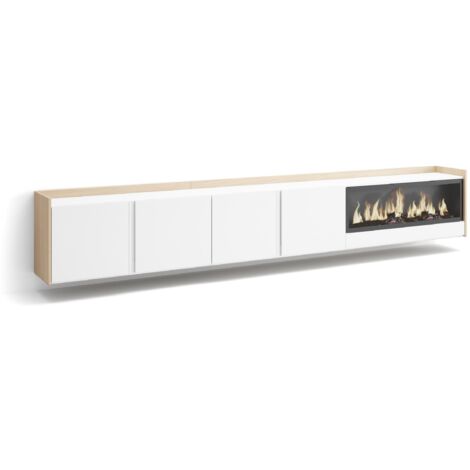 Skraut Home - Mueble TV, Televisión, Muebles de salón, almacenaje, 315x35x50cm, Para TV hasta 80", Chimenea eléctrica XXL, Colgado, Suspendido, Estilo Moderno, Blanco y roble soft