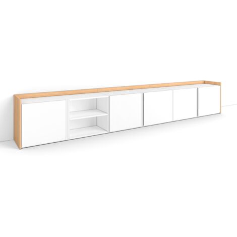Skraut Home - Mueble TV, Televisión, Muebles de salón, almacenaje, 309x35x50cm, Para TV hasta 80", Con almacenamiento, Estilo Moderno, Blanco y roble soft (1/5)