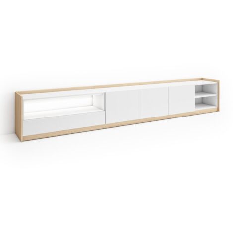 Skraut Home - Mueble TV, Televisión, Muebles de salón, almacenaje, 310x37x50cm, Para TV hasta 80", LED, Estilo Moderno, Blanco y roble soft (1/5)