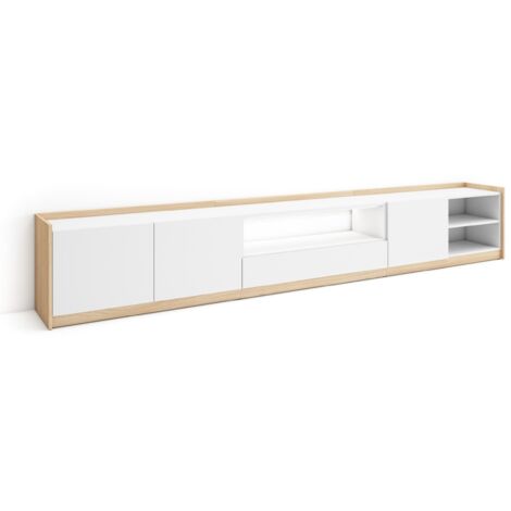 Skraut Home - Mueble TV, Televisión, Muebles de salón, almacenaje, 310x37x50cm, Para TV hasta 80", LED, Estilo Moderno, Blanco y roble soft (1/5)
