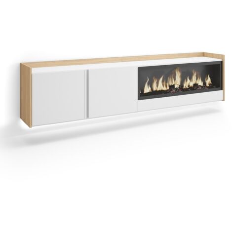 Skraut Home - Mueble TV, Televisión, Muebles de salón, almacenaje, 212x35x50cm, Para TV hasta 80", Chimenea eléctrica XXL, Colgado, Suspendido, LED, Estilo Moderno, Blanco y roble soft