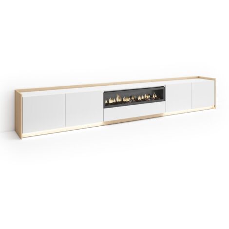 Skraut Home - Mueble TV, Televisión, Muebles de salón, almacenaje, 310x37x50cm, Para TV hasta 80", Chimenea eléctrica, LED, Estilo Moderno, Blanco y roble soft