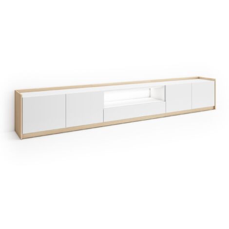 Skraut Home - Mueble TV, Televisión, Muebles de salón, almacenaje, 310x37x50cm, Para TV hasta 80", LED, Estilo Moderno, Blanco y roble soft (1/5)