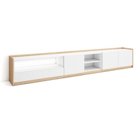 Skraut Home - Mueble TV, Televisión, Muebles de salón, almacenaje, 310x37x50cm, Para TV hasta 80", LED, Estilo Moderno, Blanco y roble soft (1/5)