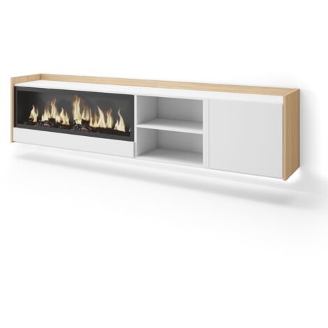 Skraut Home - Mueble TV, Televisión, Muebles de salón, almacenaje, 212x35x50cm, Para TV hasta 80", Chimenea eléctrica XXL, Colgado, Suspendido, LED, Estilo Moderno, Blanco y roble soft