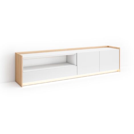 Skraut Home - Mueble TV, Televisión, Muebles de salón, almacenaje, 207x37x50cm, Para TV hasta 80", LED, Estilo Moderno, Blanco y roble soft (1/5)