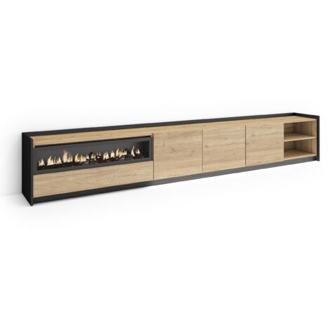 Skraut Home - Mueble TV, Televisión, Muebles de salón, almacenaje, 310x37x50cm, Para TV hasta 80", Chimenea eléctrica, LED, Estilo Moderno, Roble y negro