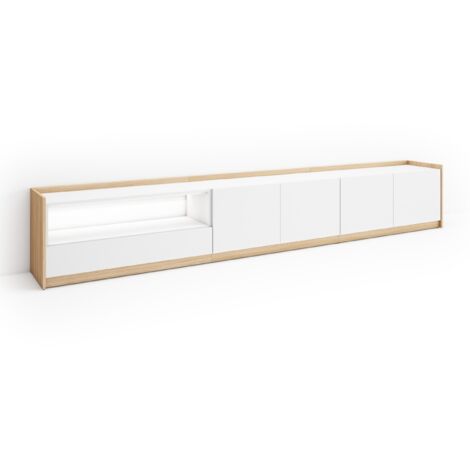 Skraut Home - Mueble TV, Televisión, Muebles de salón, almacenaje, 310x37x50cm, Para TV hasta 80", LED, Estilo Moderno, Blanco y roble soft (1/5)