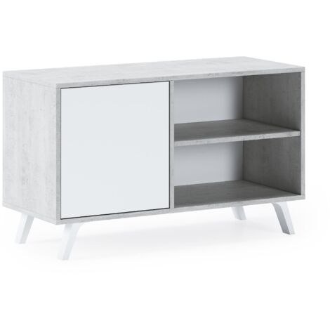 Skraut Home -  Mueble TV 100 con puerta izquierda, salón comedor, Modelo WIND, color estructura Gris Cemento, color puerta Blanco Mate, medidas 95x40x57cm de altura. (1/6)