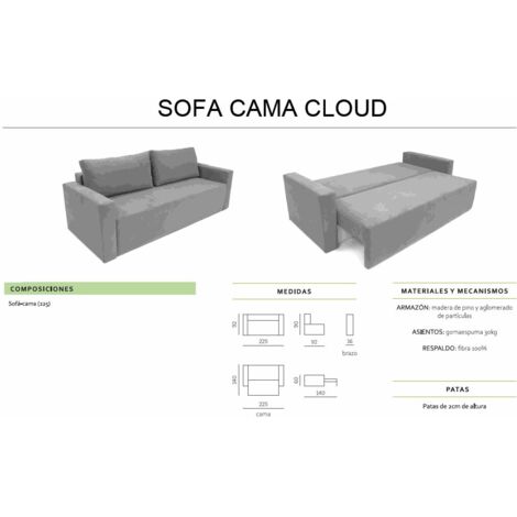 Skraut Home - Sofa cama CLOUD, gris claro, convertible en cama, arcón. Máximo Relax y Confort - con Sistema de Apertura por Arrastre 225x92x92cm