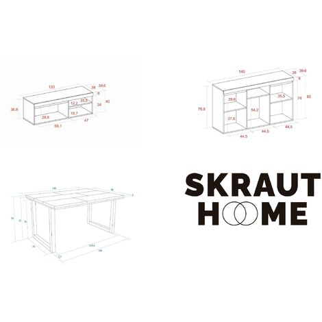 Skraut Home - Conjunto muebles salon Mesa 140 patas U 6 Comensales Aparador  / Buffet 140 Tall Roble y Negro Estilo Industrial