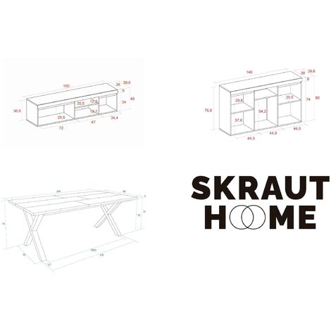 Skraut Home - Set Naturale salón Comedor con patas, Mueble Auxiliar,  buffet-mueble tv 120cm roble negro nórdico