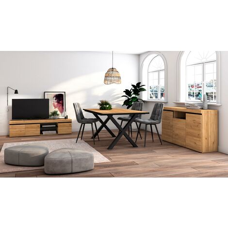 Conjunto de muebles de salón completo en color madera natural con mesa  elevable
