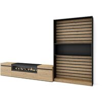 Skraut Home - Muebles de Salón para TV, Conjunto de muebles comedor, 310x186x35cm, Para TV hasta 80", Chimenea eléctrica, Estilo Moderno, Roble y negro