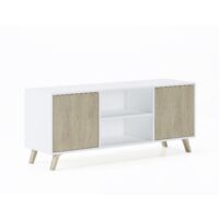Skraut Home - Mueble TV 140 con 2 puertas, salón comedor, Modelo WIND, color estructura Blanco, color puertas Roble, medidas 137x40x57cm de altura.