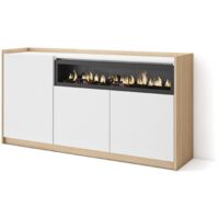 Skraut Home - Aparadores para salón, 156x37x80cm, 3 Puertas, Chimenea eléctrica, Blanco y roble soft