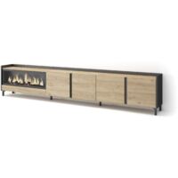 Skraut Home - Mueble TV, Televisión, Muebles de salón, almacenaje, 315x35x61cm, Para TV hasta 80", Chimenea eléctrica XXL, Diseño industrial, Estilo Moderno, Roble y negro