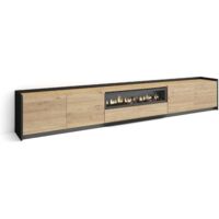 Skraut Home - Mueble TV, Televisión, Muebles de salón, almacenaje, 310x37x50cm, Para TV hasta 80", Chimenea eléctrica, LED, Estilo Moderno, Roble y negro