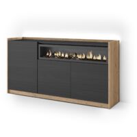 Skraut Home - Aparador para salón, Gran capacidad de almacenaje, 156x37x80cm, 3 Puertas, Chimenea eléctrica, LED, Estilo Moderno, Negro y roble