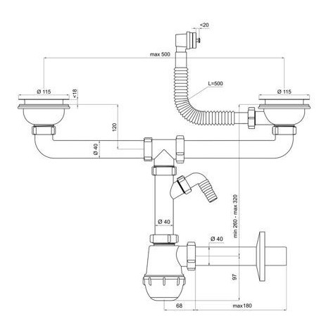 Siphon tubulaire pour évier deux bacs, diam115 mm, avec trop plein  rectang/rond et sortie machine à laver / lave-vaisselle - Proachats