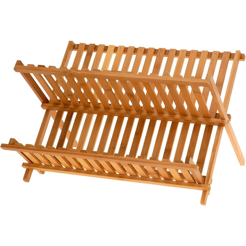 Bambù piatti scolapiatti pieghevole in legno Realizzato in 100% bambù naturale per contenere piatti e ripiano inferiore per tazze 