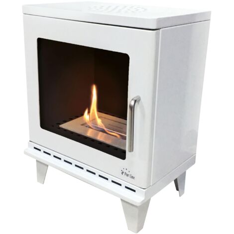 Poêle à éthanol 1,5kW design carré en acier blanc avec pieds