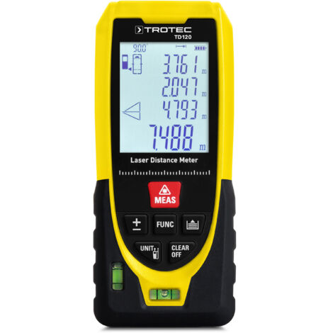 TROTEC Laser-Entfernungsmesser TD120 Distanzmessungen Reichweite 120 m, Pythagoras-Funktionen, 99 Datensätze (Rechteckflächen/-Volumenberechnung, IP54)