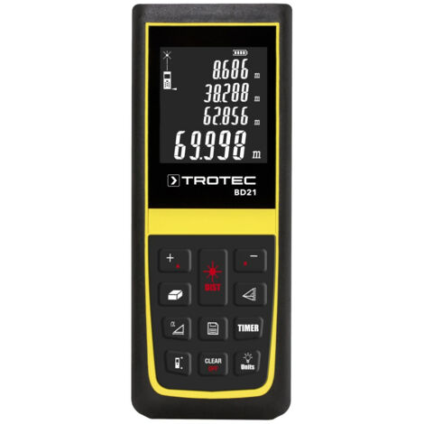 TROTEC Laser Entfernungsmesser BD21 – Digitales Messgerät Entfernung – Reichweite bis 70 m, 90°-Neigungssensor, IP54, Wasserwaage, Abschaltautomatik, Timerfunktion