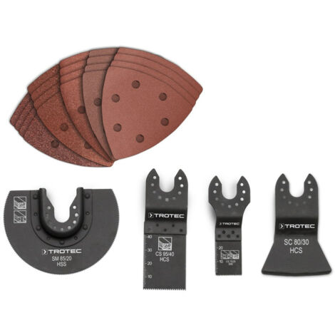 TROTEC Universelles 24-tlg. Zubehör-Set für Multifunktionswerkzeug, inkl 20 x kletthaftendes Dreieckschleifpapier, 1 x Segmentsägeblatt, 1 x Schabmesser, 2 x Tauchsägeblätter