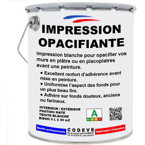 Impression Opacifiante - 5 L   - Codeve Bois - RAL 9010 - Blanc pur - Pour Couvrir Votre Mur En Plâtre Ou Placoplatre Avant Une Finition.
