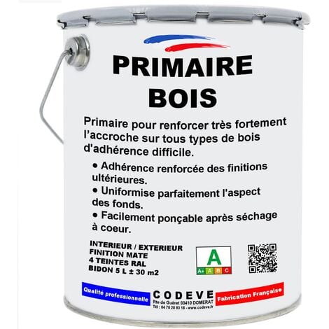 Primaire Bois -  5 L   - Codeve Bois - RAL 9010 - Blanc pur - Pour Renforcer L'adhérence Sur Votre Bois Avant Une Finition.