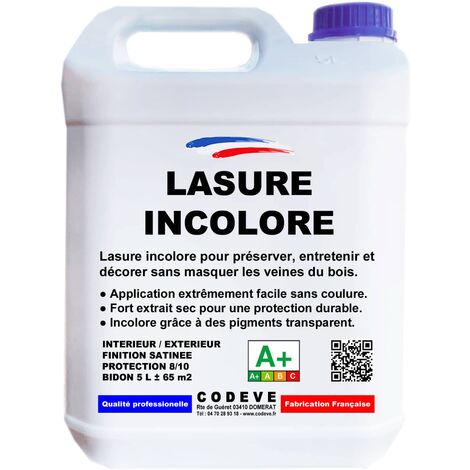Codève Bois – Lasure incolore extérieure 5 L – Préserve la transparence du bois – Application facile sans coulure – Rendement 14 à 17 m²/L