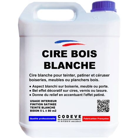 Codève Bois – Cire bois blanche 5 L – Pour entretien boiseries, lambris, plinthes, poutres – Effet blanchi et relief accentué